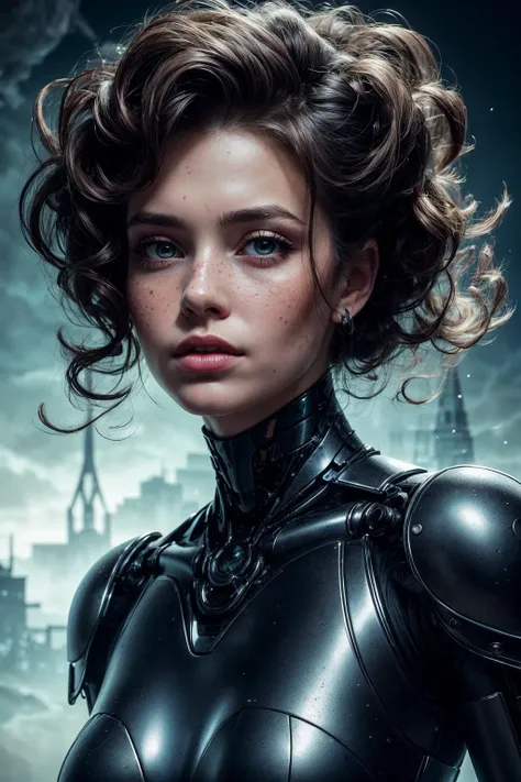 a woman in a black suit with a futuristic hairdo