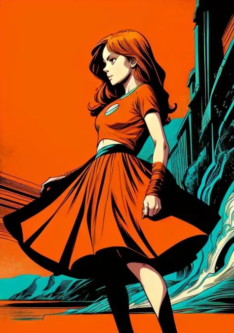 Francesco Francavilla style 1girl best quality masterpiece hd highres, high contrast comic book art, abstract orange and aquamarine coloring, anime, upper body, subtle fine detailing, orange long skirt  <lora:add_detail:1>