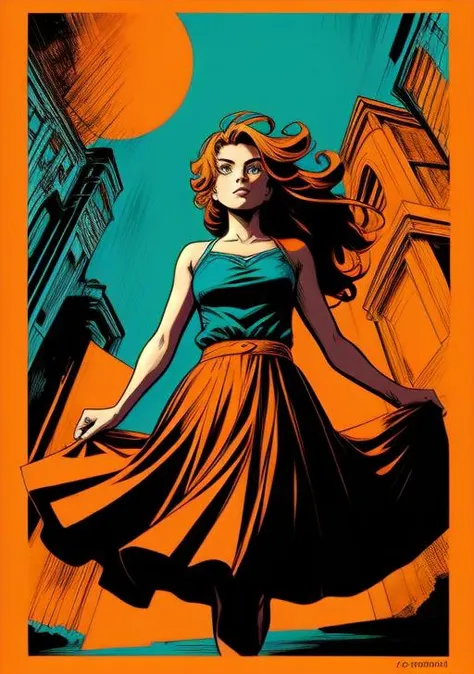 Francesco Francavilla style 1girl best quality masterpiece hd highres, high contrast comic book art, abstract orange and aquamarine coloring, anime, upper body, subtle fine detailing, orange long skirt  <lora:add_detail:1>