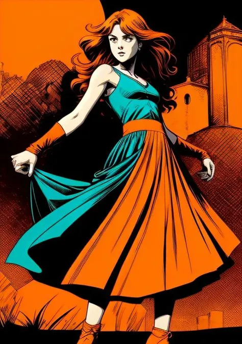 Francesco Francavilla style 1girl best quality masterpiece hd highres, high contrast comic book art, abstract orange and aquamarine coloring, anime, upper body, subtle fine detailing, orange long skirt  <lora:add_detail:1>