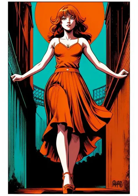 Francesco Francavilla style 1girl best quality masterpiece hd highres, high contrast comic book art, abstract orange and aquamarine coloring, anime, upper body, subtle fine detailing, orange long skirt  <lora:add_detail:1>