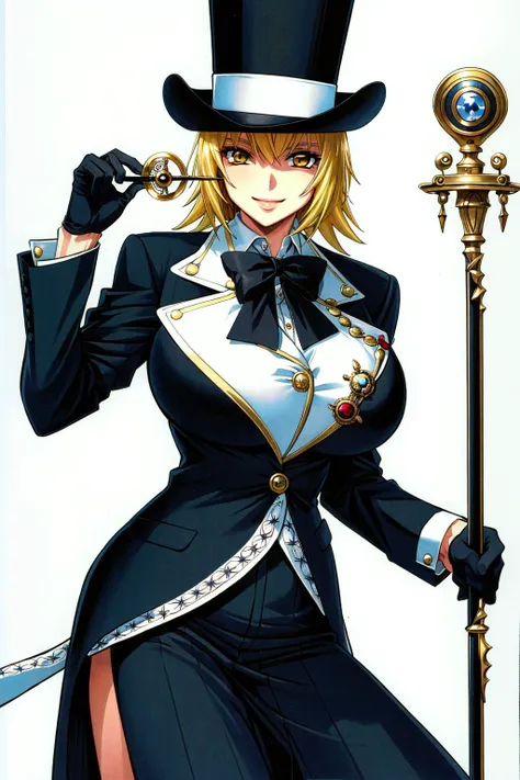 <lora:CagalliYula:0.8>, cagalli, blonde hair, short hair, yellow eyes, masterpiece, best quality, 4k, intricate detail, 1girl, solo, cowboy shot, huge breasts, tuxedo, top hat, white gloves, (monocle:1.2), smiling, holding a cane,