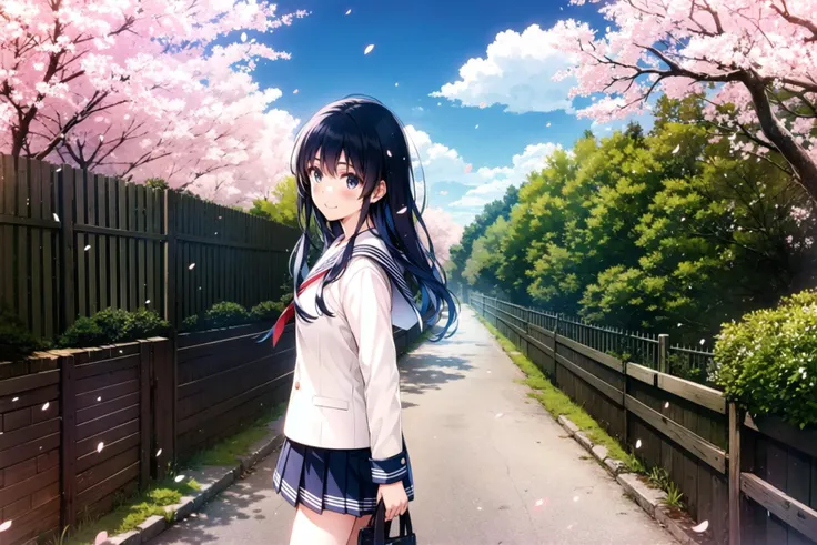 MisakiKurehito,1girl, solo, cherry blossoms, school uniform,  outdoors, tree, serafuku, skirt, railing, long hair, looking at viewer, long sleeves, flower,petals,  pleated skirt, bridge, fence, road, water, blush,  day, smile, spring (season), branch, shir...