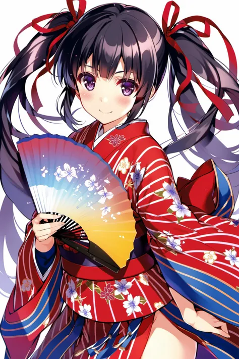 1girl, solo, japanese clothes, long hair, hand fan, smile, kimono, striped, sash, obi, white background, twintails, striped kimono, ribbon, looking at viewer, hair ribbon, blush, bangs, holding, folding fan, simple background, floral print, holding fan, bl...