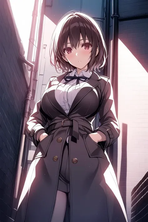 1girl, back alley, posing for picture, young skin, coat, big breasts, front shot, style of Misaki Kurehito, <lora:Misaki Kurehito_XL:1>, clear lines, late anime style,, masterpiece, best quality, highly detailed, ultra detailed, cinematic, dramatic, anime