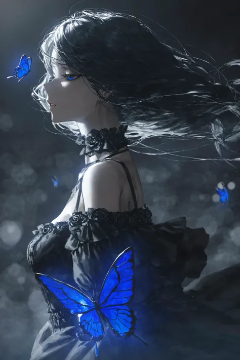 (artist:betabeet:1.2),artist:john_kafka,artist:nixeu,artist:quasarcake,masterpiece,best quality,solo,
monochrome,spot color,blue and black theme,dark,upper body,side face,sad,parted lips,floating hair,black dress,bare shoulder,gothic,black rose,thistles an...