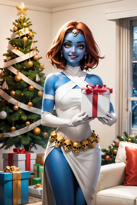 mystique, yellow sclera, forehead jewel, colored skin, blue skin,red lipstick, white elbow gloves, white dress, pelvic curtain,skull belt, looking at viewer, smiling, happy, teeth, standing, inside living room, holding large gift, christmas tree, in march?...