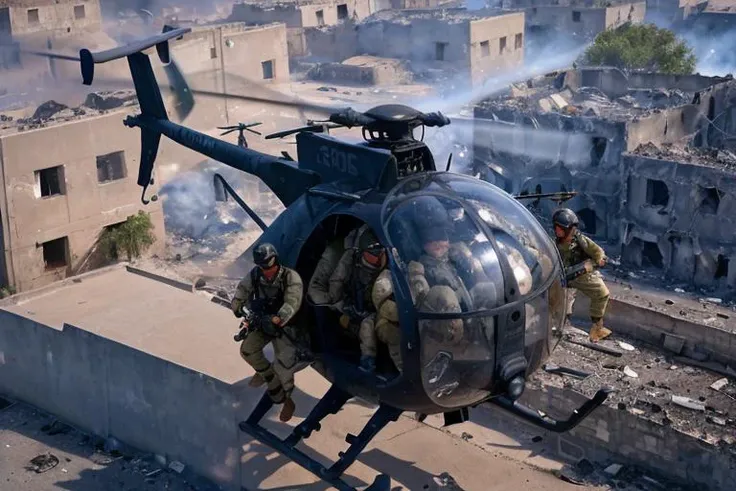 analog gloomy aerial photo of a (Little Bird helicopter, <lora:l1ttl3b1rd:1>), ((nighttime)), (flying over Mogadishu ruins (on fire) at night), (explosions on the ground), (tracer gunfire), High Detail, Sharp focus, (photorealism), realistic, best quality,...