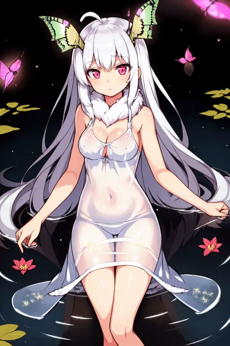 1girl, reclining, looking at viewer, beautiful eyes, (moth girl, moth antennae, fur moth wings:1.1), white hair, pink eyes, very long hair, medium breasts, (covered nipples:0.9), see-through, sheer, long skirt, stoic, glitter lights, flower, plant, pond, r...