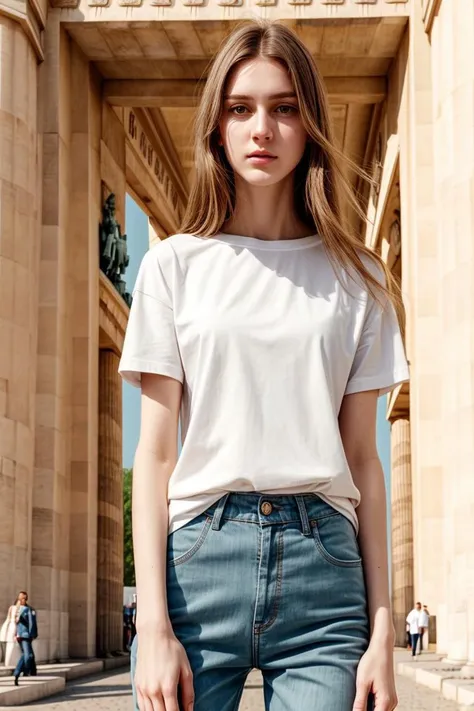 a woman standing in front of a building with a white shirt