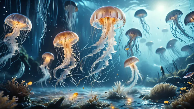 tempestmagic Luminescent jellyfish swarm with hypnotic glow, Enchanted kelp forest in moonlight in the background,, dynamic lighting, ColorART, sharp focus, ethereal transparent flat background, detailed, trending on artstation, 4k, 8k<lora:Tempest_Magic_...