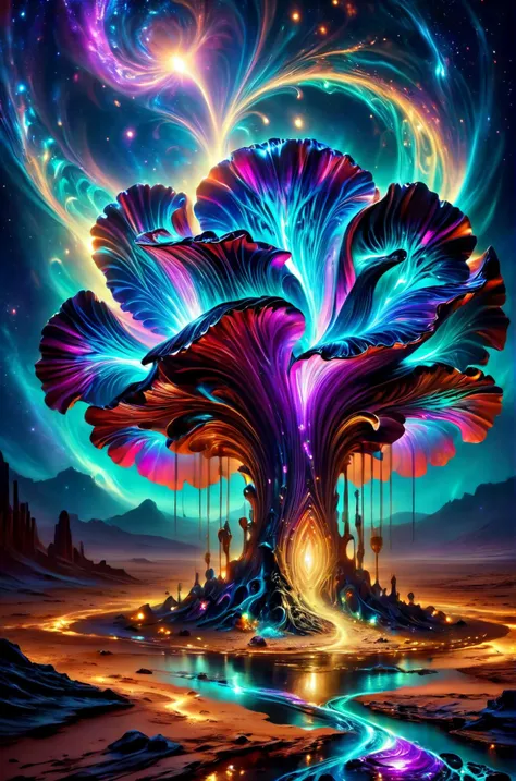 a psychedelic tree with glowing lights and a bright sky