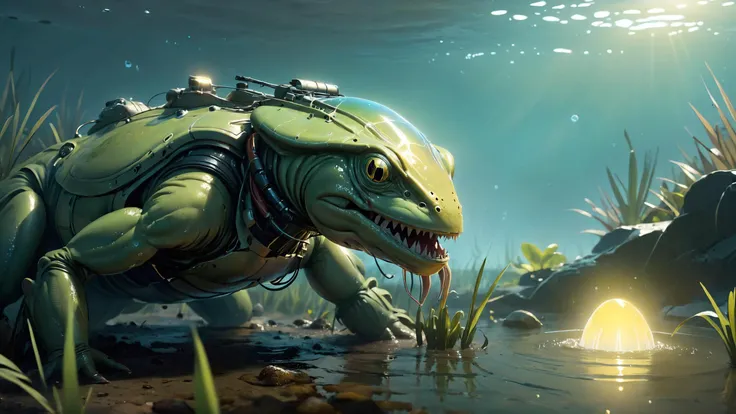 neotech Amphibious creature camouflaged in marsh,, Cinematic lighting, ColorART, sharp focus, glowing, scifi volumetric lighting, by Greg Rutkowski and artgerm, hyperrealistic<lora:NeoFuturisticTechXL:0.8> <lora:RMSDXL_Creative:0.4> <lora:ColorART:0.7>