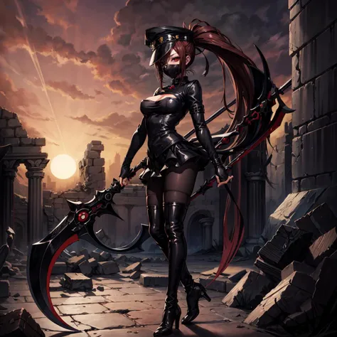 <lora:SUS_testv:0.5>,<lora:add_detail:1>,
succubus,1girl,ponytail,black hair,red eyes,
black headwear,(mask:1.1),pantyhose,black thigh high boots,
full body,
holding scythe,pole weapon,
ancient ruins,sunset,