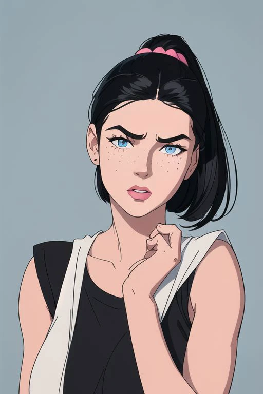 8k,4k,((Best quality, masterpiece, ultra high resolution)), Mandy Hardy ( caucasian college girl, black hair blunt bob hairstyle, blue eyes, small freckles in her cheeks and neck, pink sleeveless t-shirt <Disney art style, insanely detailed face, masterpie...