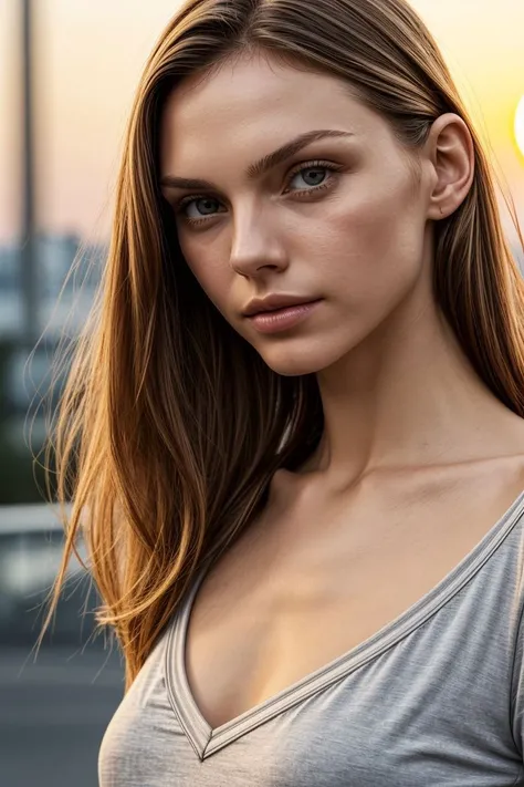 European woman, closeup, (shirt), pants, (sunset blvd), (), ZM_pihla, wide shoulders, perfect face, (contact iris: 1.1), pale skin, skin pores , depth of field