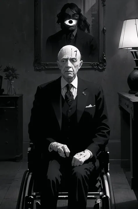 masterpiece, best quality, solo, portrait of an elderly man in a wheelchair, emaciated, (formal suit), glass eyes, (scarred:1.2), bitdstyle, Victorian drawing room background lit by eerie lamps, (monochrome:0.9), vacant gaze, spot color <lora:inthedark_v2:...