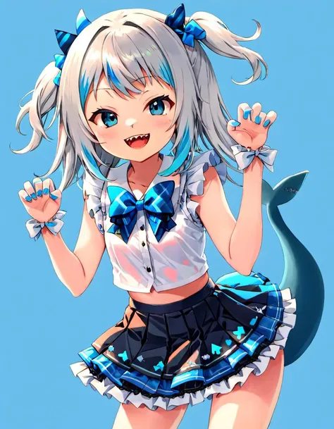 <lora:Gawr_Gura__SDXL:0.8>gawr gura, sharp teeth, shark tail, solo, shark girl, idol clothes, open mouth, two side up, looking at viewer, bow, smile, skirt, claw pose, hair ornament, layered skirt, blue nails, idol, blue background, white bow, :d, long hai...