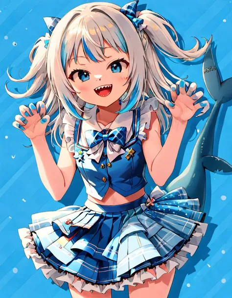 <lora:Gawr_Gura__SDXL:0.8>gawr gura, sharp teeth, shark tail, solo, shark girl, idol clothes, open mouth, two side up, looking at viewer, bow, smile, skirt, claw pose, hair ornament, layered skirt, blue nails, idol, blue background, white bow, :d, long hai...