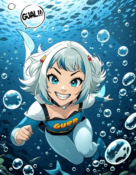 (<lora:Gawr_Gura__SDXL:0.8> gawr gura, solo, teeth, fish, smile, sharp teeth, looking at viewer, underwater, bubble) as a comicbook superhero