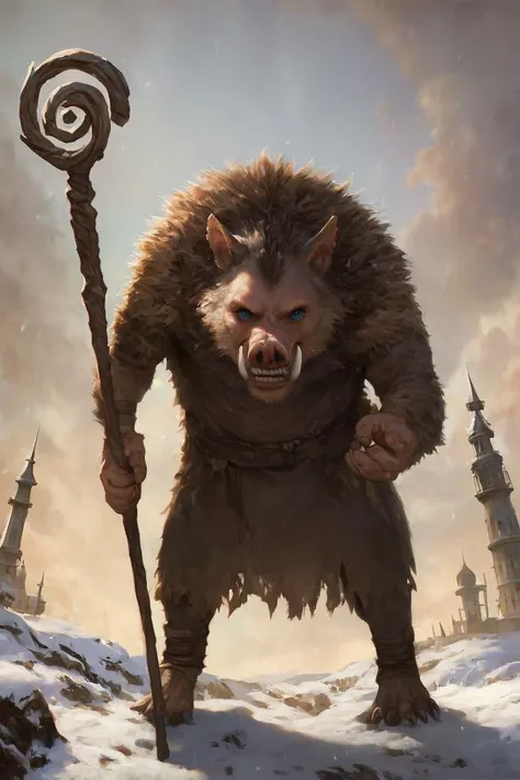 a painting of a troll with a staff in the snow