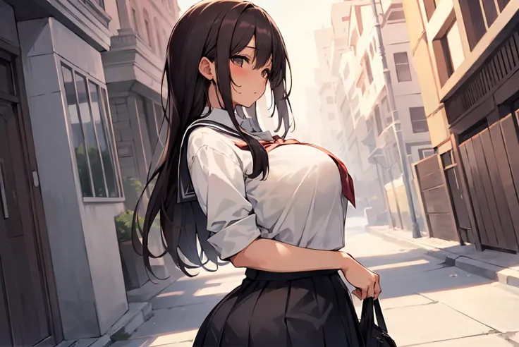 anime girl in a school uniform walking down a street