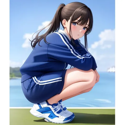 Masterpiece, high quality, 4K, solo, 1girl,
sneakers, a woman in a blue tracksuit crouches , wearing sneakers
 <lora:Sneakers:0.8>