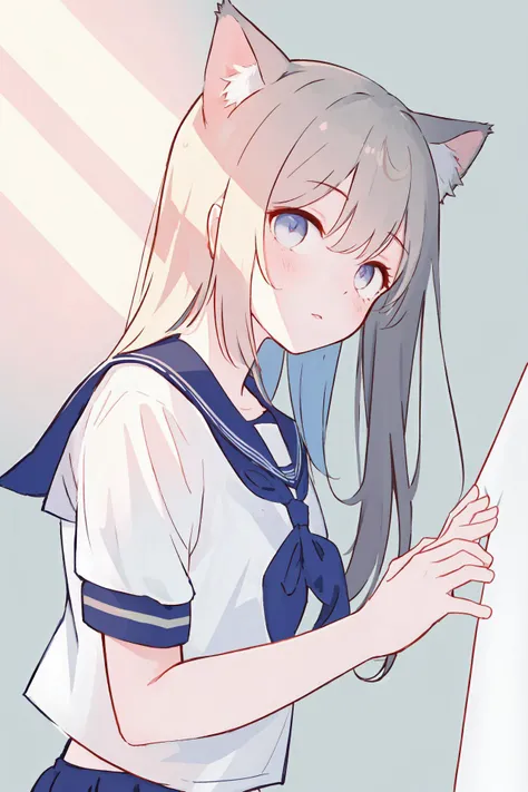 (best quality, masterpiece, highres),1girl,solo,cat ears,solo,straight hair,serafuku,short sleeves,dynamic_angle,
<lora:a beam of light_v1.04:1>,light rays,