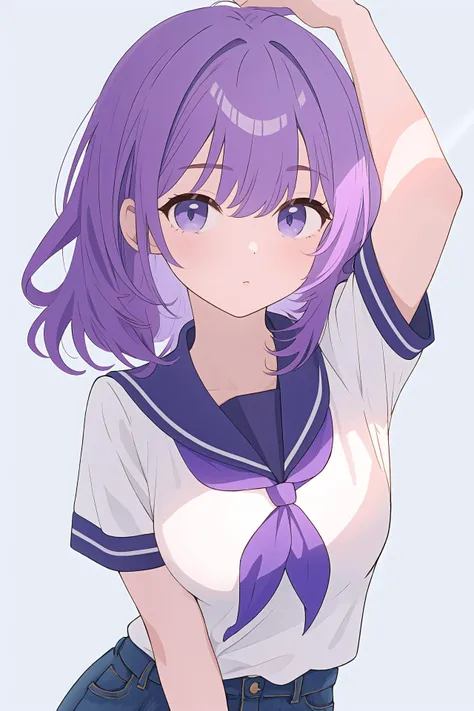 (best quality, masterpiece, highres),1girl,solo,purple hair,jeans,sailor_shirt,tennis_uniform,upper body,<lora:a beam of light_v1.04:1>,light rays,