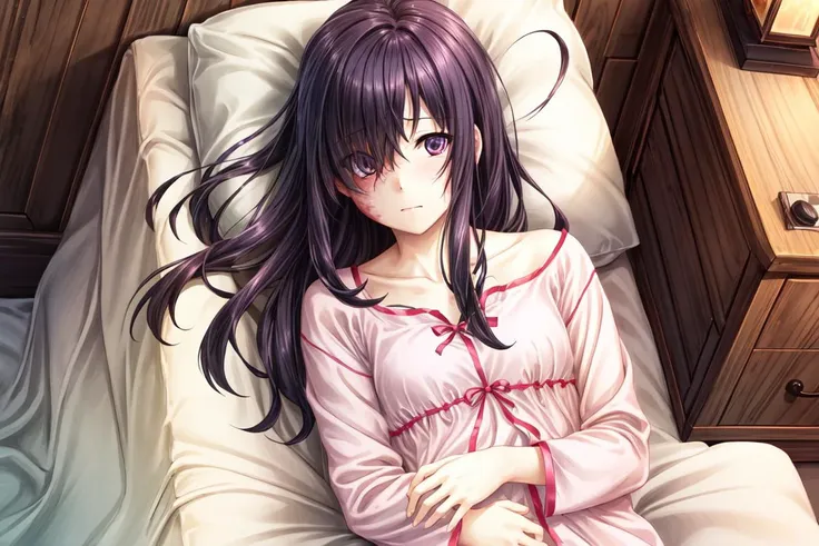 (masterpiece),(best quality), ikezawa hanako, burn mark, burn scar, scar, hair over one eye, nightgown, sofa,  lying, (on back),  on bed, looking at viewer, from above, shy, full body,  <lora:HanakoIkezawa2:0.85> <lora:add_detail:0.7>