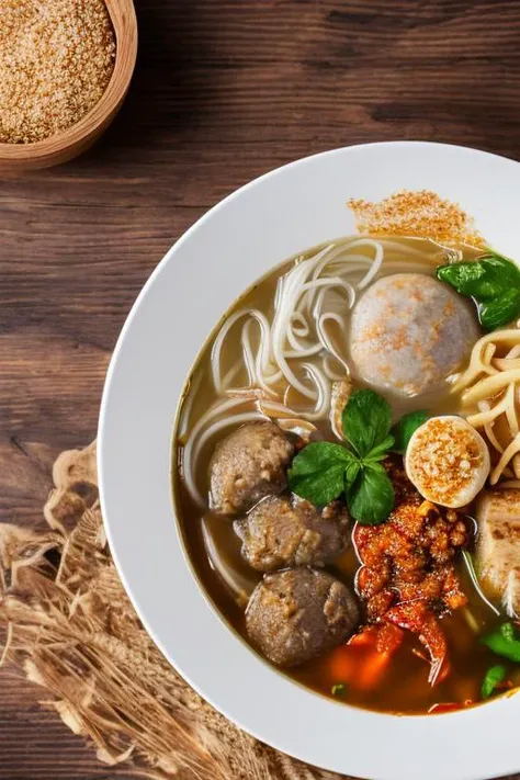 food, photography, 1 bowl of bakso food with sambal chilli on wooden table, details, softfocus, <lora:ARWbakso:1>