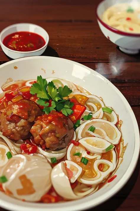 food, anime, illustration, line art, ghibli style, 1 bowl of bakso meatballs and noodles food with sambal chilli spicy on wooden table, hot steam, details, softfocus, realistic, blurry background, <lora:ARWbakso:1> <lora:ghibli_style_offset:1>