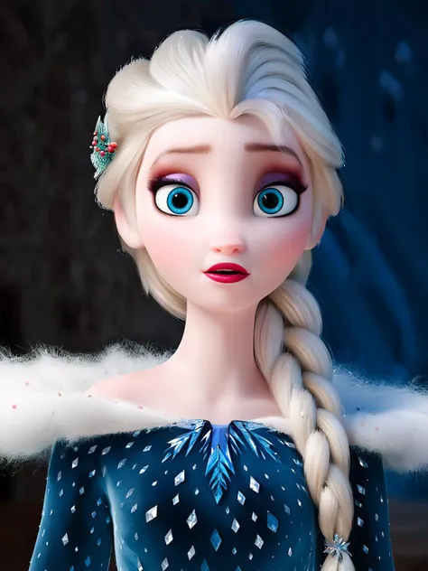 a close up of a frozen princess with long hair and blue eyes