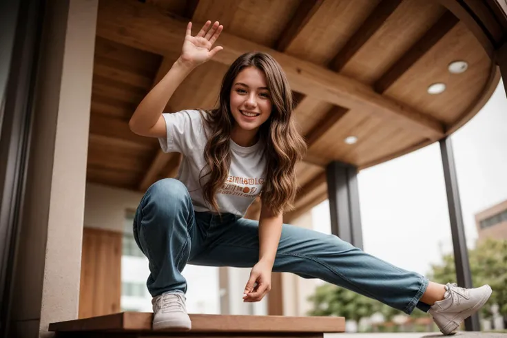 full body,from below,photo of a 18 year old girl,squatting,happy,laughing,shirt,pants,ray tracing,detail shadow,shot on Fujifilm X-T4,85mm f1.2,depth of field,blurry background,bokeh,motion blur,<lora:add_detail:1>,