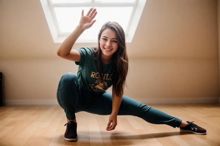 full body,from below,photo of a 18 year old girl,squatting,happy,laughing,shirt,pants,ray tracing,detail shadow,shot on Fujifilm X-T4,85mm f1.2,depth of field,bokeh,motion blur,<lora:add_detail:1>,