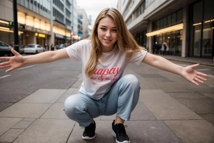 full body,photo of a 25 year old girl,squatting,happy,shirt,pants,ray tracing,detail shadow,sharp focus,depth of field,blurry background,bokeh,motion blur,shot on Fujifilm X-T4,14mm f1.8,<lora:add_detail:1>,