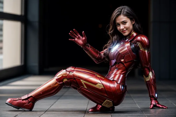 Marvel movies,full body,photo of a 18 year old girl,ironman,squatting,bare hands,happy,laughing,ray tracing,detail shadow,shot on Fujifilm X-T4,85mm f1.2,depth of field,bokeh,motion blur,<lora:add_detail:1>,