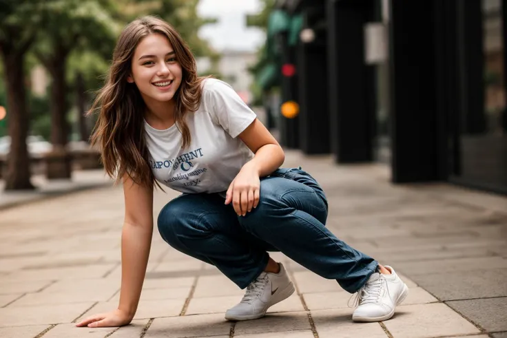 full body,photo of a 18 year old girl,squatting,happy,laughing,shirt,pants,ray tracing,detail shadow,shot on Fujifilm X-T4,85mm f1.2,depth of field,bokeh,motion blur,<lora:add_detail:1>,