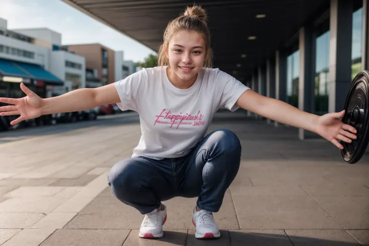 full body,photo of a 18 year old girl,squatting,happy,shirt,pants,ray tracing,detail shadow,sharp focus,depth of field,blurry background,bokeh,motion blur,shot on Fujifilm X-T4,14mm f1.8,<lora:add_detail:1>,