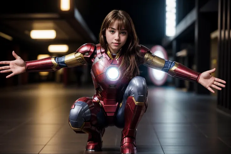 Marvel movies,full body,photo of a 18 year old girl,ironman,squatting,happy,shirt,pants,ray tracing,detail shadow,sharp focus,depth of field,blurry background,bokeh,motion blur,shot on Fujifilm X-T4,14mm f1.8,<lora:add_detail:1>,