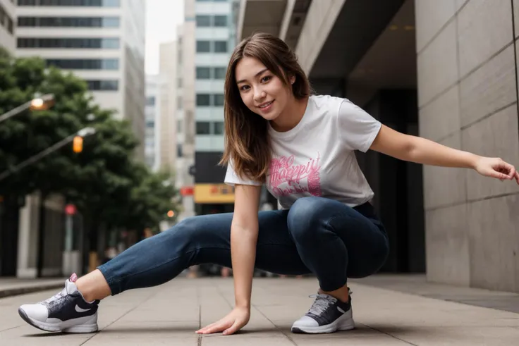 full body,photo of a 25 year old girl,squatting,happy,shirt,pants,ray tracing,detail shadow,sharp focus,depth of field,blurry background,bokeh,motion blur,shot on Fujifilm X-T4,14mm f1.8,<lora:add_detail:1>,