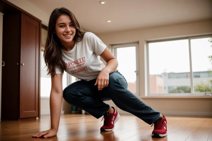 full body,photo of a 18 year old girl,squatting,happy,laughing,shirt,pants,ray tracing,detail shadow,shot on Fujifilm X-T4,85mm f1.2,depth of field,bokeh,motion blur,<lora:add_detail:1>,