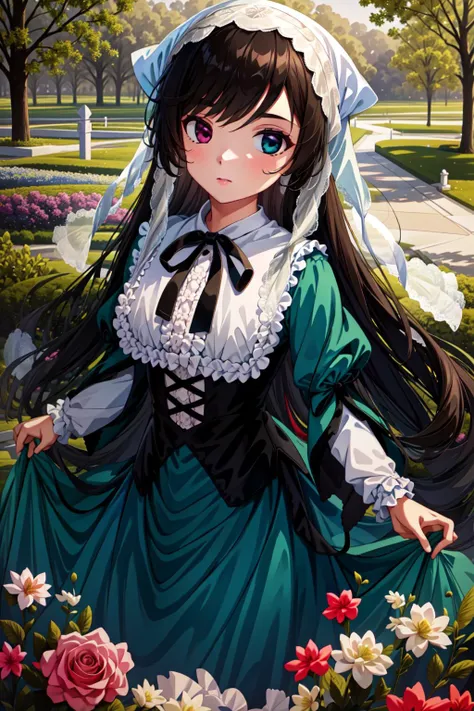 anime girl in a green dress with a white bonnet and a blue dress