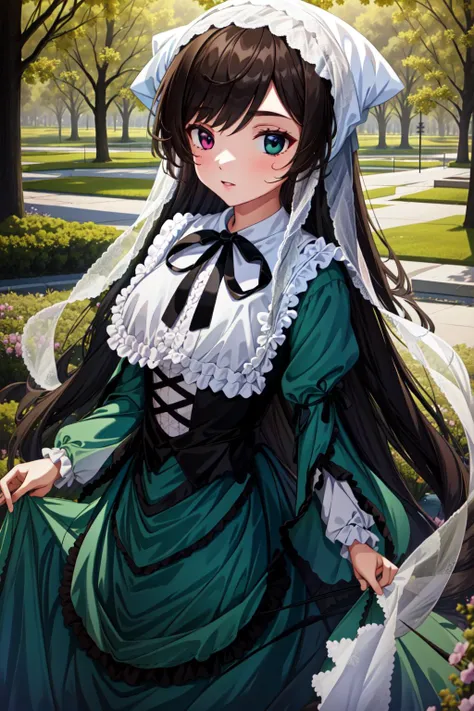 anime girl in a green dress with a white veil and a white bonnet