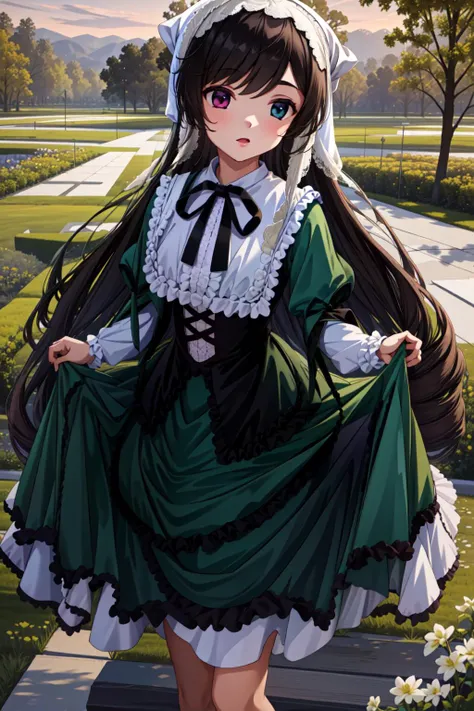 anime girl in green dress with white collar and black and white dress