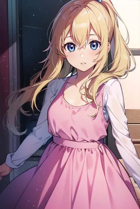 kaorimiyazono, <lyco:miyazonokaori-LYCORIStest:1>,
kaori miyazono, long hair, blue eyes, blonde hair, lips, pink lips, (small breast:1.2),
BREAK dress, ponytail, (pink dress:1.5), white shirt, long sleeves,
BREAK looking at viewer, hands behind head,
BREAK...