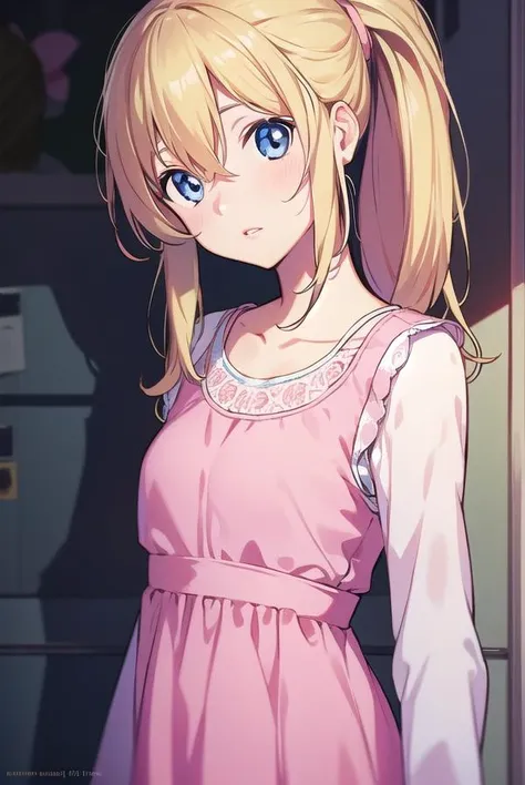 kaorimiyazono, <lyco:miyazonokaori-LYCORIStest:1>,
kaori miyazono, long hair, blue eyes, blonde hair, lips, pink lips, (small breast:1.2),
BREAK dress, ponytail, (pink dress:1.5), white shirt, long sleeves,
BREAK looking at viewer, hands behind head,
BREAK...