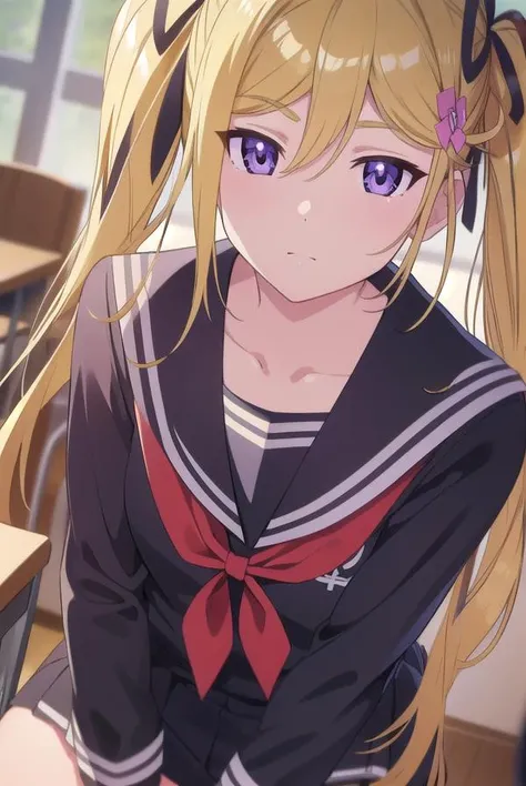 mafuyuorifushi, <lyco:mafuyuorifushi-lyco-nochekaiser:1>, 
mafuyu orifushi, long hair, blonde hair, hair ornament, ribbon, twintails, (purple eyes:1.1), hair ribbon,
BREAK school uniform, serafuku, bow, red bow, black sailor collar, black skirt, skirt,
BRE...