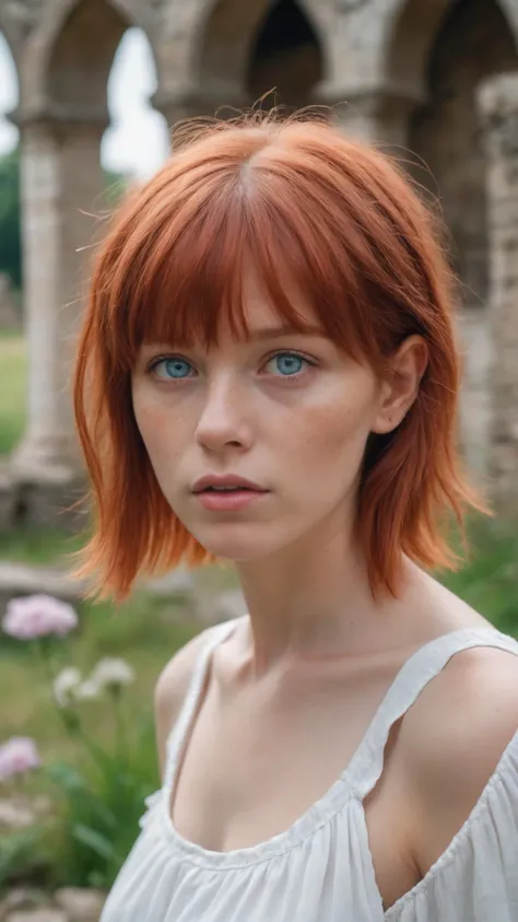 a woman with red hair and blue eyes standing in front of a stone building