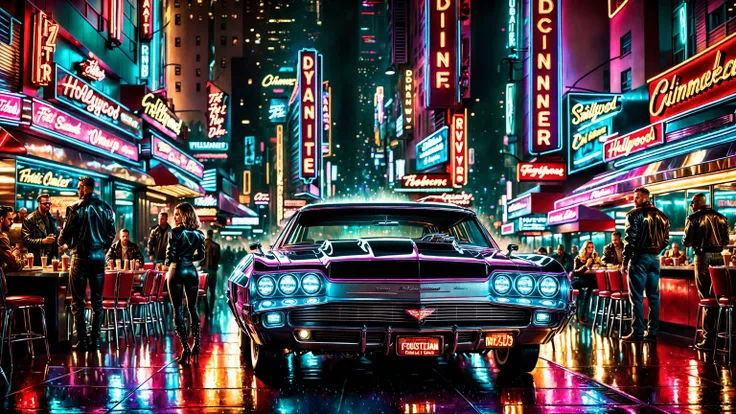 a painting of a car driving down a city street at night